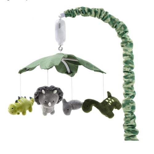 The Peanutshell Crib Mobile for Boys or Girls - Grey and Green Camo Musical Baby Crib Mobile with 12 Lullabies, Dino Baby Dinosaur Nursery Decor