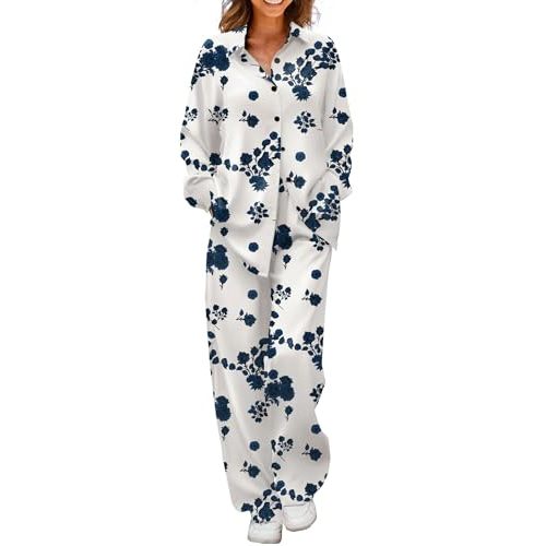 Ekouaer Womens Satin Silky Pajama Set 2 Piece Print PJs Soft Loungewear Button Down Sleepwear with Elastic Waist Long Pants