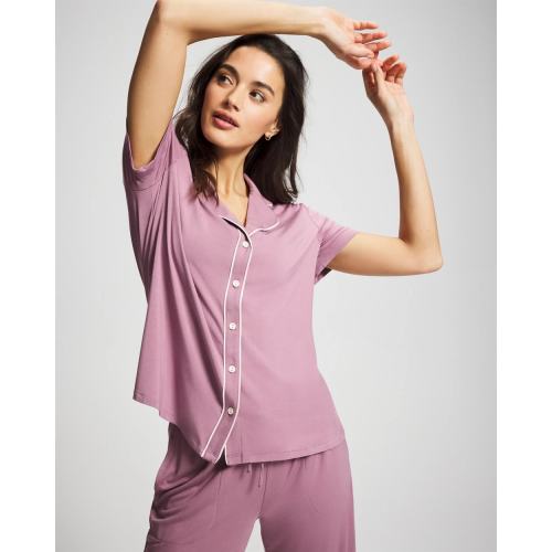 Piped Short Sleeve Notch Collar Pajama Top