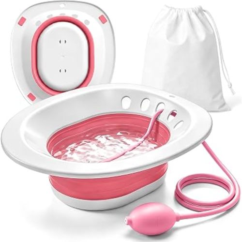 Sitz Bath for Hemorrhoids, Sitz Bath for Toilet Seat, Postpartum Care, Perineum Relief, Sits Bath Kit for Women,Collapsible Storage, Wide Seat,Easy to Store-Pink