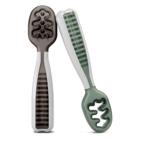 NumNum Baby Spoons Set, Baby Essentials Pre-Spoon GOOtensils for 6+ Months, First Stage Self-Feeding Spoons for Baby Led Weaning (BLW), Silicone Toddler Utensils, BPA-Free, 2 Pack Gray/Green