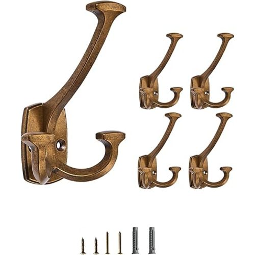 Antique Brass Hooks Large Wall Mounted Decorative Solid Heavy-Duty Double-Sided Coat Hooks for Hanging Towels Coats Robes Towels Bag Bathroom Wall Hooks (5 Pack)