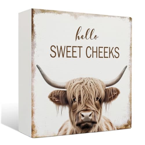 Nrleey Highland Cow Bathroom Decor - Hello Sweet Cheeks Bathroom Decor, Rustic Western Highland Cow Wood Sign, 5 X 5 Inches