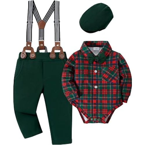 YALLET Conjunto de ropa para bebé niño esmoquin de manga larga para caballero + sombrero de boina + pantalones con tirantes + corbatín de 0 a 18 meses