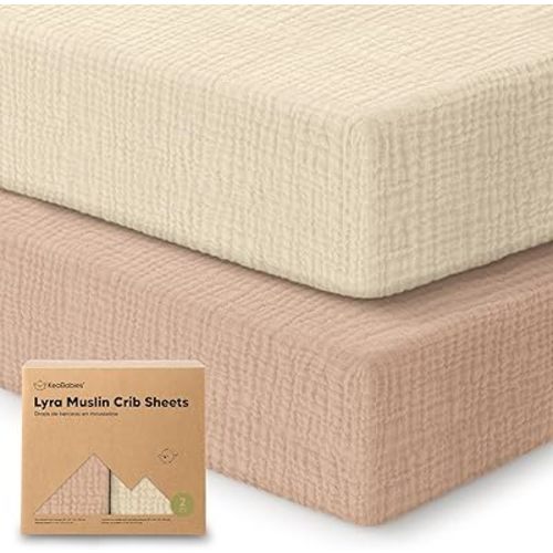 KeaBabies 2-Pack Muslin Crib Sheets for Boys, Girls - 100% Organic Cotton Fitted Baby Crib Mattress Sheet, Soft Breathable Standard Toddler Bed Cover Bedding Set, Neutral, Durable 52x28 (Almond)