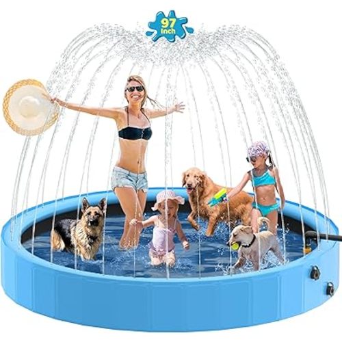 Raxurt Dog Pool with Sprinkler, 97'' Foldable Dog Pools for Large Dogs, 2-in-1 PVC Non Slip Pet Bathing Tub for Outdoor Backyard, Blue