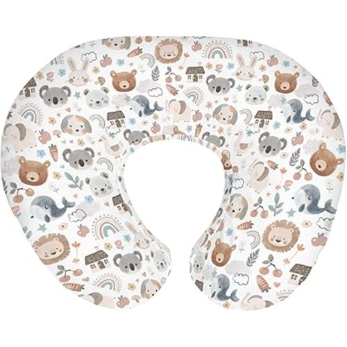 Boho Cute Watercolor Baby Nursing Pillow Covers for Boy Girl Bear Lion Koala Bunny Nursing Pillow Slipcovers for Breastfeeding Pillows Neutral Animal Soft Stretchy Removable Covers for Newborn Infant
