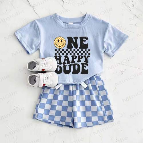 ONE HAPPY DUDE Baby Blue Smiley Face Print T-shirt and Plaid Pants 2-Piece Set