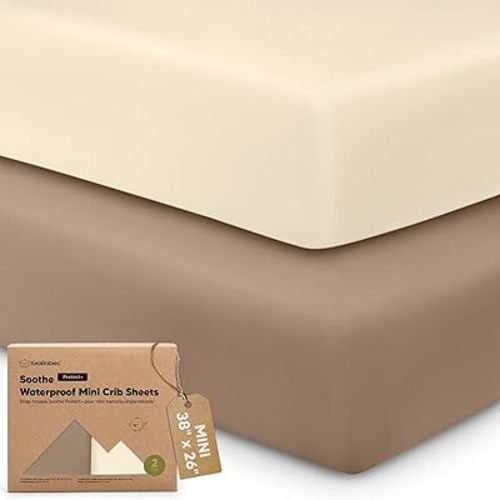 2 Pack and Play Sheets, Waterproof Mini Crib Sheets Fitted - 38x26 Organic Cotton Pack N Play Sheets for Graco Pack and Play Mattress, Playard Baby Crib Sheets, Neutral for Boy, Girl, Toddler (Latte)