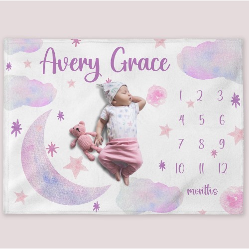 Moon Milestone Blanket, Personalized Stars Baby Girl Month Blanket, Clouds Nursery Custom Newborn Growth Tracker, New Mom Baby Shower Gift