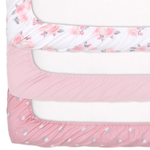 The Peanutshell Pink Roses/ Ditsy Floral Mini Crib, Playard Sheet 3 Pack Set