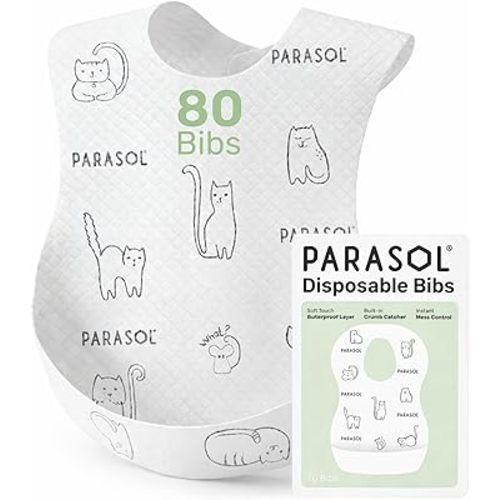 PARASOL Disposable Bibs, Soft-Absorbent Top Layer with Leak-Resistant Waterproof Backing, Built-In Crumb Catcher, Hypoallergenic, Disposable Bibs for Toddlers and Babies, 4 Boxes (20 Each), 80 Count