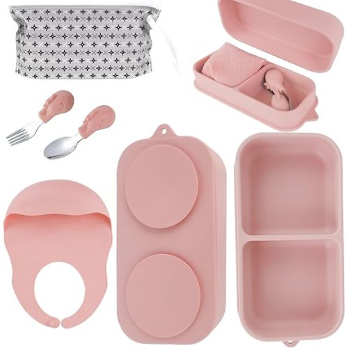 Travel Silicone Baby Feeding Set with 316 Stainless Steel Spoon & Fork ,Silicone Suction Plates, Foldable Bib, Storage Bag - Portable Infant Toddler Utensils, 6-Piece BPA-Free Dishware Kit（pink）