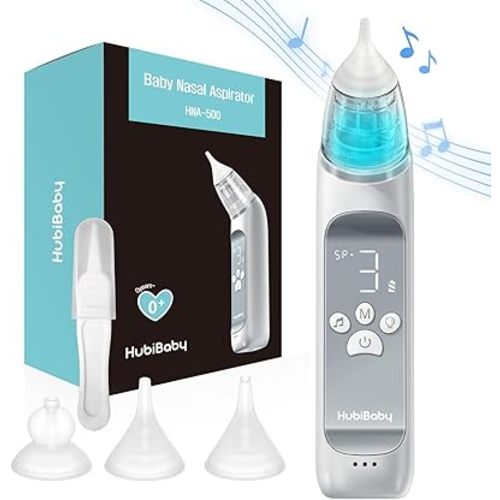 HubiBaby Nasal Aspirator for Baby, Electric Nose Aspirator, Nose Sucker, Automatic Nose Cleaner with 3 Silicone Tips, Adjustable Suction Level, Music and Light Soothing Function - FSA/HSA Eligible