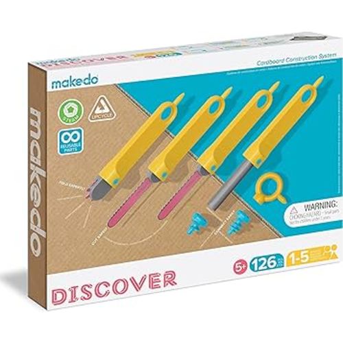 Makedo Discover | 126 Piece Cardboard Construction Toolbox for 1-5 makers | STEM and STEAM Educational Toys for Kids | At Home Play + Classroom Learning | Reusable Tools for Boys and Girls Age 5+