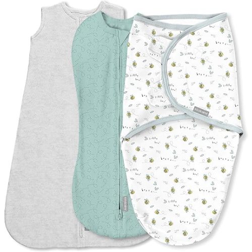 SwaddleMe by Ingenuity Comfort Pack Baby Swaddle Set, Size 0-3 Months, 5-14 Pounds, SwaddleMe Pod, Original Swaddle, Night Sack, 3pk - Little Bees