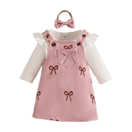 CAICJ98 Baby Girl Clothes Suspender Skirt Newborn Long Sleeve Ruffled Romper + Bow Jeans Dress + Headband Fall Spring Outfits Pink,Size 12-18 Months