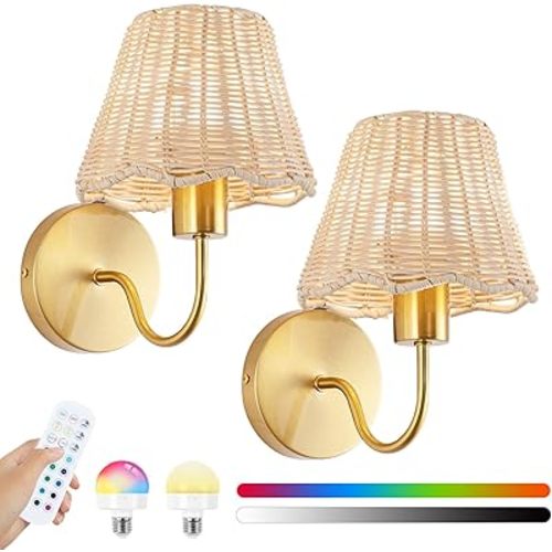 EIDISUNY Battery Operated Wall Sconces Set of 2, Rattan Shade Wireless Wall Sconces, RGB Rechargeable Dimmable, Gold Vintage Boho Wall Sconce for Bedroom, Living Room, Hallway Bulbs Included