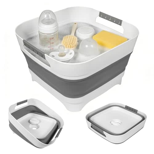 2nd Gen Collapsible Wash Basin for Baby Bottle Washer, 2.4 Gallons Portable Dish Pan Bucket for Camping Kitchen Sink (Grayish White, 1 Pack)