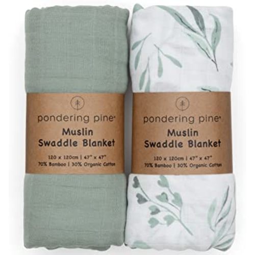Organic Baby Muslin Swaddle Blankets for Boy or Girl - Eucalyptus Leaves and Sage Swaddling Blanket 2 Pack - Soft Muslin, XLarge and Breathable, Boho Baby, 47" X 47"