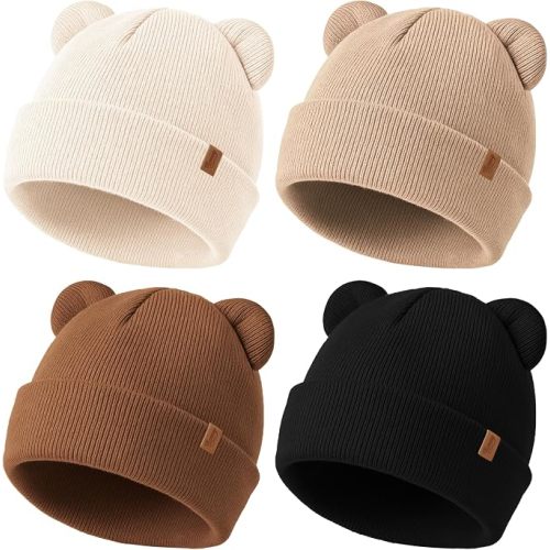 Konssy 4 Pack Baby Beanie with Bear Ear Warm Winter Hat for Newborn Infant