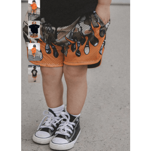 Heater Flame Mesh Shorts - Orange Camo | Little Trouble