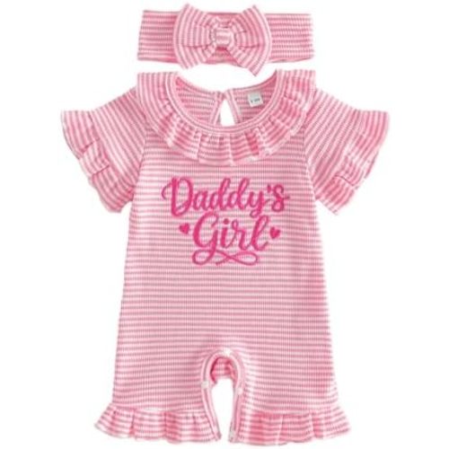Baby Girl Romper Letter Embroidery Newborn Infant Summer Clothes Short Sleeve Ruffle Crew Neck Jumpsuit Headband