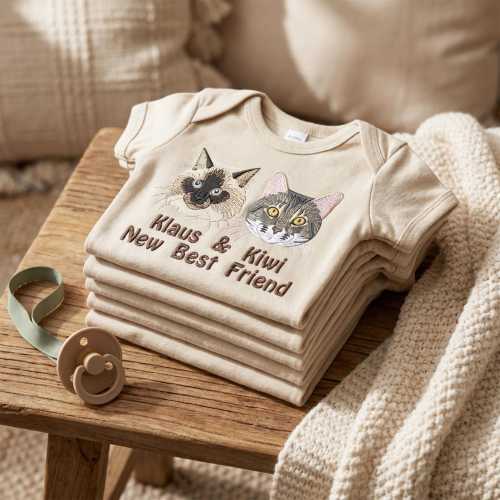 Cat Portrait Baby Onesie® - Custom Embroidered Cat New Best Friend Baby Bodysuit - Cat Face & Name Shirt - First Birthday Gift for Girl