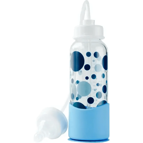 Hands-Free Baby Bottle - Anti-Colic Nursing System 7 oz Glass Baby Bottle with Fast Flow Nipple/Teat 3m+ with Tube Straw Feeding System for Toddler (1 Bottle - Blue)