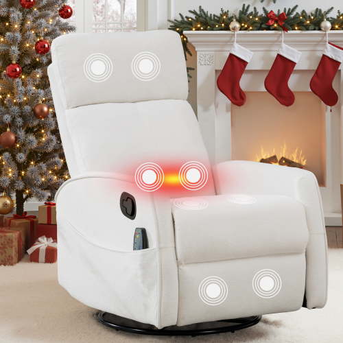 PAPROOS Swivel Rocker Recliner, Velvet 360°Swivel Rocking Chair with Massage and Heat, Glider Rocking Recliner for Nursery, Small Rocker Chair Manual Recliner for Home Theater Living Room, White