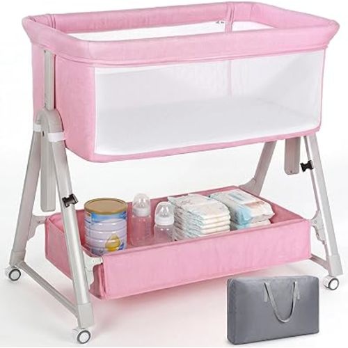 Cowiewie Bassinet Bedside Sleeper,3-in-1 Baby Bassinet with Comfy Mattress & Wheels,Easy Folding Portable Bedside Bassinet for Baby with Storage & Travel Bag,Breathable Mesh,Stable & Secure (Pink
