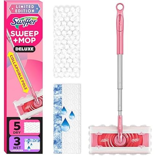 Swiffer Sweep and Mop Deluxe, Limited Edition Pink Wicked: for Good, 2-in-1 Floor Mopping and Sweeping Kit, 1 Sweeper Device, 5 Heavy Duty Dry Sweeping Cloths, 3 Heavy Duty Wet Mopping Cloths