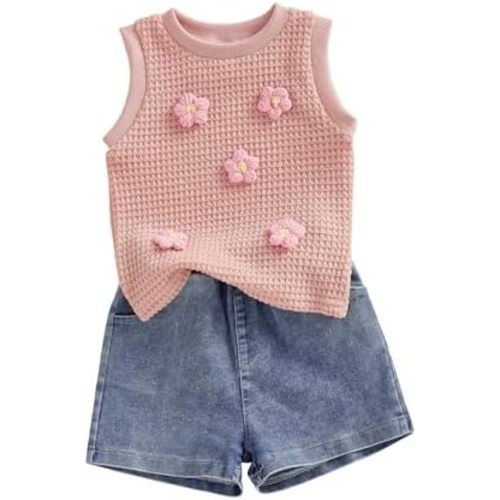 YINGISFITM Toddler Girl Clothes Baby Summer Waffle Knit Tank Top Sleeveless Shirt Jeans Shorts Floral Outfit Girls Clothing