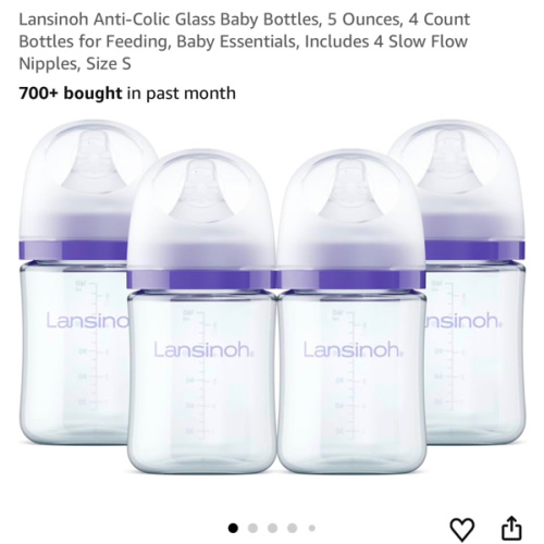 Lansinoh Anti-Colic Glass Baby Bottles, 5 Ounces, 4 Count Bottles for Feeding, Baby Essentials, Includes 4 Slow Flow Nipples, Size S