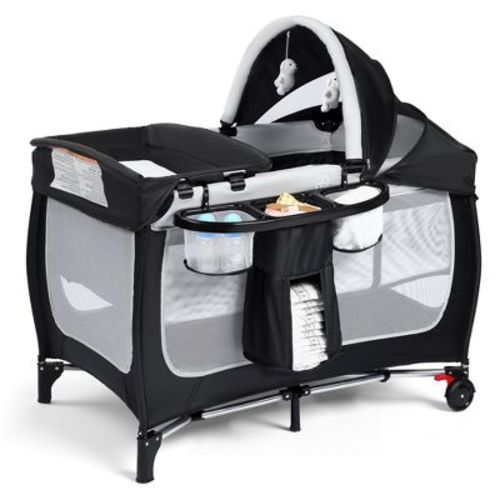 Kinder King 4-in-1 Portable Pack and Play with Bassinet, Changing Table, Adjustable Canopy, Storage Basket & Travel Bag – Infant to Toddler Playard