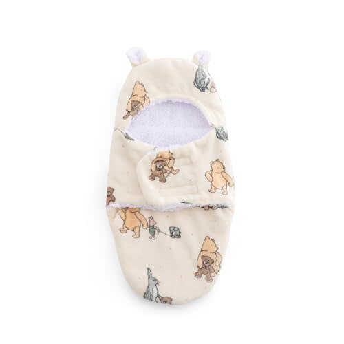 Berkshire Sherpa & Loftmink Baby Swaddle - Hooded Pooh Sleep Sack with Fuzzy Bear Ear Details - Classic Pooh Prints for Newborns Infants 0-3 Months(Pooh and Friends Teddies and Toys, 13’’×23.5’’)