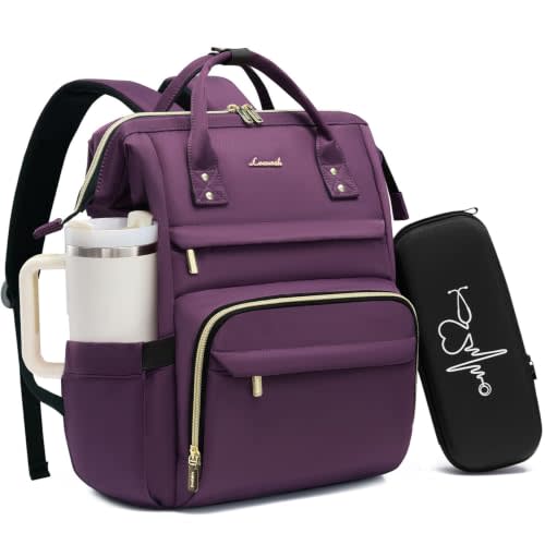 LOVEVOOK Laptop Backpack for Women with Giant Tumbler Holder Pocket, 15.6 inch Nurse Bag with Stethoscope Case, Waterproof Work College Teacher Travel Backpack, Rose Purple