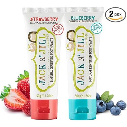 Jack N' Jill Natural Toddler Toothpaste - Fluoride Free Training Toothpaste for Toddlers 1-3, 40% Xylitol, BPA Free - Strawberry & Blueberry, 1.76 oz (Pack of 2)