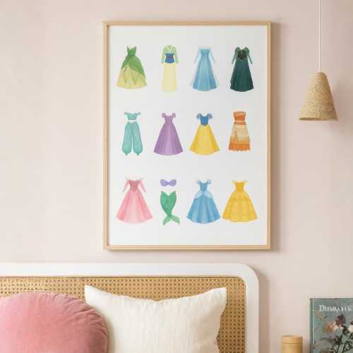 Princess Dresses Wall Art | Watercolor Princess Poster | Girls Bedroom Decor (Digital Download)