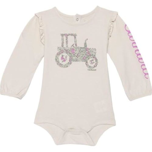 Carhartt 7079 Newborn Infant Baby Girls' Cotton Long Sleeve floral 'TRACTOR' Ruffle Shoulder Bodysuit | Malt | 6 Month (6M)