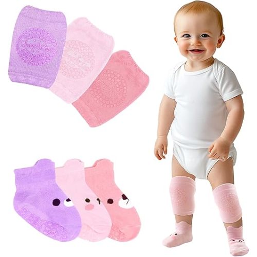 Simply Kids Anti-Slip Baby Knee Pads and Socks Set for Crawling and Walking (6 Pairs, 6-18 Months) Infant Toddler Boy Girl