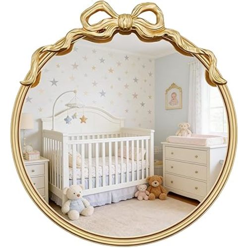 PERHOM Round Gold Bow Mirror,20"x20" Wall Decor Mirror for Nursery, Bedroom,Hallway