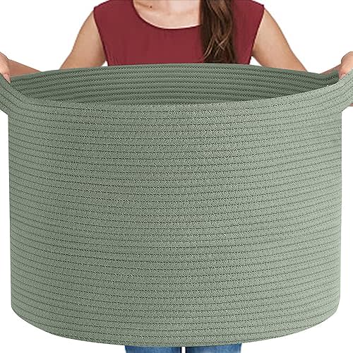 Extra Large Green Basket, 22" X 22" X 14" Woven Cotton Rope Baskets for Blankets, Nursery Wicker Laundry Basket, Kids Toy Storage Bin, Green Living Room Office Decor Baskets for Organizing
