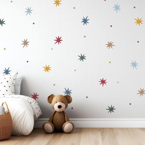 Whimsical Stars And Dots Fabric Wall Stickers: Peel and Stick Kids Nursery Decor, Removable & Repositionable