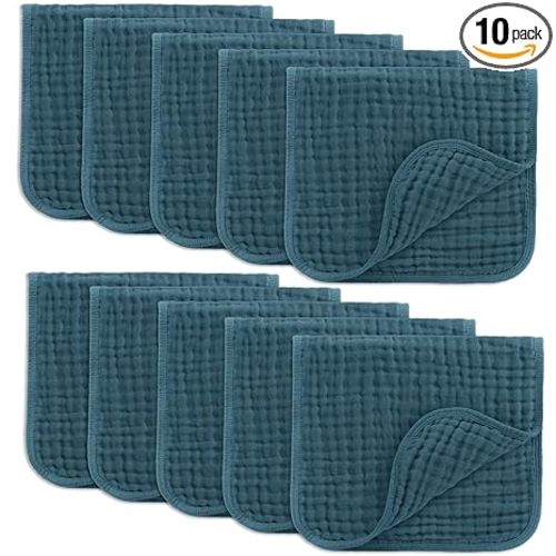 Comfy Cubs Muslin Burp Cloths 20" x 10", Pack of 10 - Large, 6-Layer, Ultra Absorbent 100% Cotton for Baby Drool and Messes - Soft, Safe & Gentle Baby Burp Cloths for Boys & Girls - Neptune