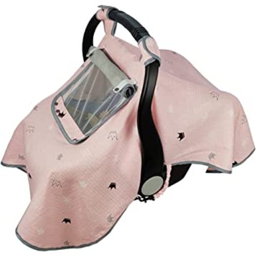 ICOPUCA Car seat Covers for Babies, Muslin carseat Cover Girls, carseat Canopy with Window, Light Weight, fit Summer/Autumn/Spring, Pink Crown, Perfect for gils;