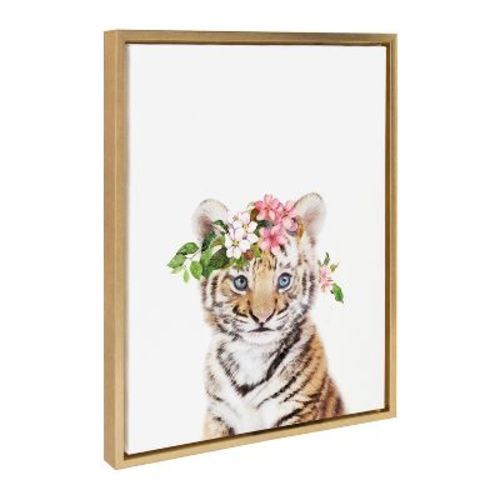 Kate & Laurel All Things Decor 18"x24" Sylvie Flower Crown Tiger Cub Framed Wall Art by Amy Peterson Art Studio Bright Gold: Modern Canvas