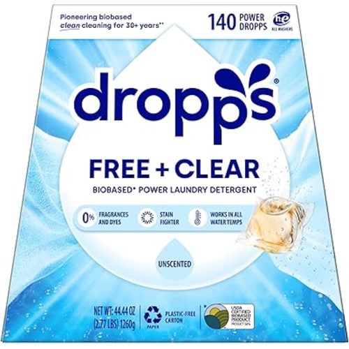 Dropps Free & Clear Laundry Detergent Pods (140 Count) - Unscented Laundry Pods | Fights Odors & Stains | Free of Dyes Parabens & Perfumes | Hypoallergenic | Clean Ingredients | Plastic Free Packaging