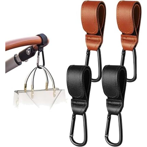 4 Pack - Baby Stroller Hooks for Hanging Bags and Shopping - Stroller Straps - Universal Stroller Clips for Bags - Durable Black Stroller Hooks