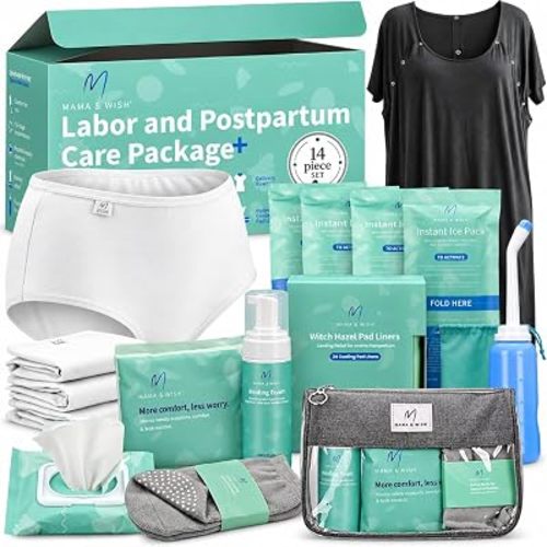 Mama & Wish Postpartum Essentials Kit, 14-Piece | Labor & Delivery Gown